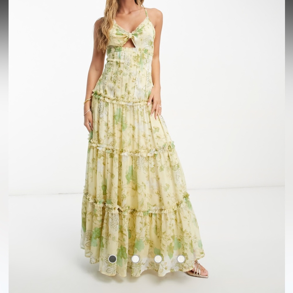 knot front cut out maxi slip dress with raw edge tiers in yellow floral print